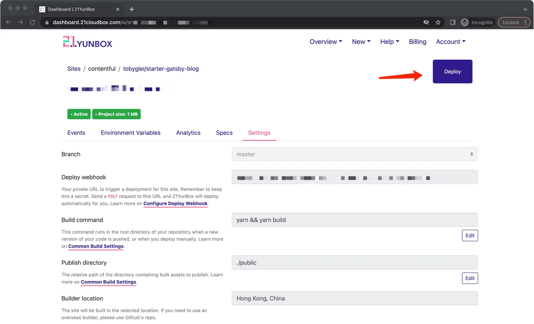 Press the purple deploy button on 21YunBox to publish new content from WordPress